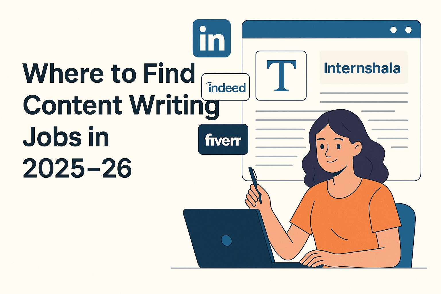 Illustration of a woman working on a laptop with icons of LinkedIn, Internshala, Indeed, and Fiverr around her, along with the text “Where to Find Content Writing Jobs in 2025–26