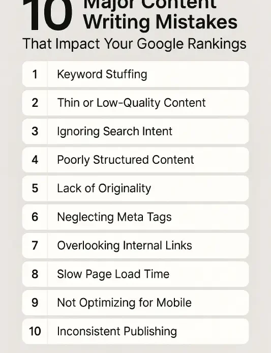 Are you consistently publishing content but still not getting ranked? Chances are, you're making one (or more) of these common content writing mistakes. From weak keyword strategies to poor meta descriptions, these errors can cost you rankings, traffic, and leads.