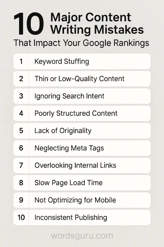 Are you consistently publishing content but still not getting ranked? Chances are, you're making one (or more) of these common content writing mistakes. From weak keyword strategies to poor meta descriptions, these errors can cost you rankings, traffic, and leads.