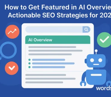 Digital illustration showing a search engine results page with a green "AI Overview" header. A robot icon, magnifying glass, trend graph, and checkmarks surround the SERP. At the bottom right, the text "wordsguru Services" appears as a watermark. The background is deep blue, and the image title reads "How to Get Featured in AI Overview: Actionable SEO Strategies for 2025