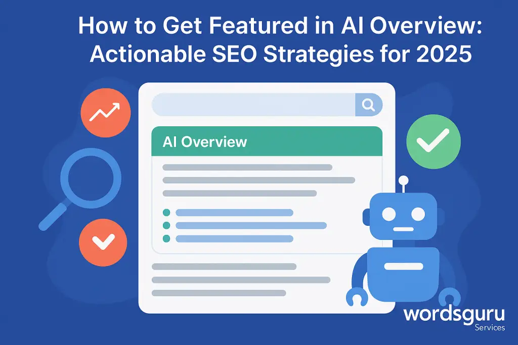 Digital illustration showing a search engine results page with a green "AI Overview" header. A robot icon, magnifying glass, trend graph, and checkmarks surround the SERP. At the bottom right, the text "wordsguru Services" appears as a watermark. The background is deep blue, and the image title reads "How to Get Featured in AI Overview: Actionable SEO Strategies for 2025