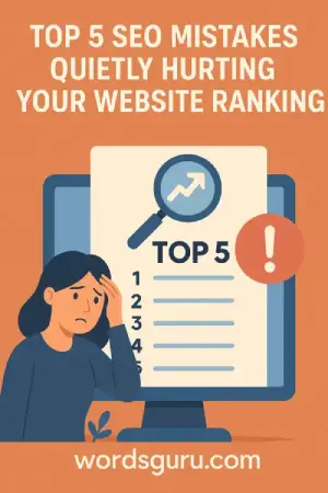 Infographic “Top 5 SEO Mistakes Quietly Hurting Your Website Ranking” with a worried woman beside a Top 5 checklist and red exclamation mark. Watermark: wordsguru.com.