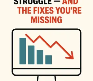 Infographic titled “Why Your Website Blog Rankings Struggle — And The Fixes You’re Missing,” showing a frustrated person sitting beside a declining line graph on a search results page, with a wrench icon symbolizing solutions. Bottom watermark reads “wordsguru.com.