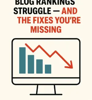 Infographic titled “Why Your Website Blog Rankings Struggle — And The Fixes You’re Missing,” showing a frustrated person sitting beside a declining line graph on a search results page, with a wrench icon symbolizing solutions. Bottom watermark reads “wordsguru.com.