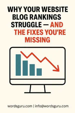 Infographic titled “Why Your Website Blog Rankings Struggle — And The Fixes You’re Missing,” showing a frustrated person sitting beside a declining line graph on a search results page, with a wrench icon symbolizing solutions. Bottom watermark reads “wordsguru.com.