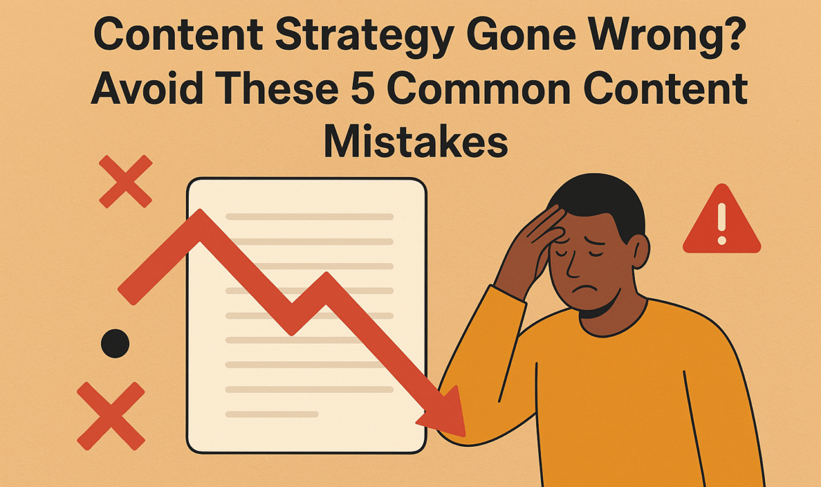 A flat design illustration showing the title “Content Strategy Gone Wrong? Avoid These 5 Common Content Mistakes” with a worried man holding his head, a document marked with red Xs, a downward red arrow, and a warning symbol, all on a beige background