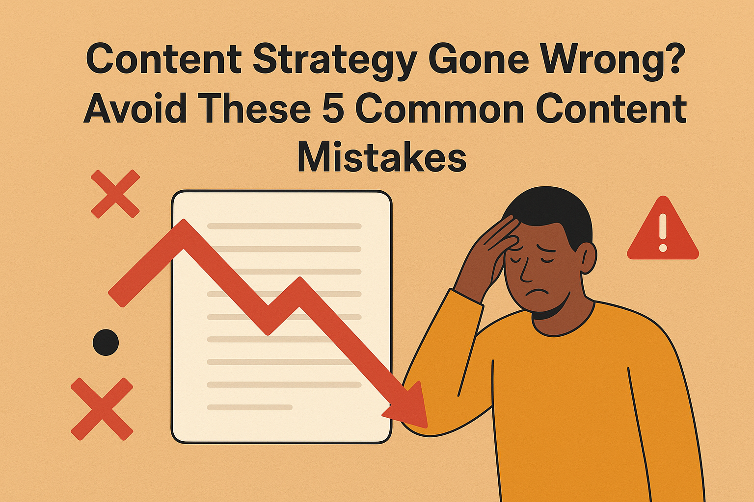 A flat design illustration showing the title “Content Strategy Gone Wrong? Avoid These 5 Common Content Mistakes” with a worried man holding his head, a document marked with red Xs, a downward red arrow, and a warning symbol, all on a beige background
