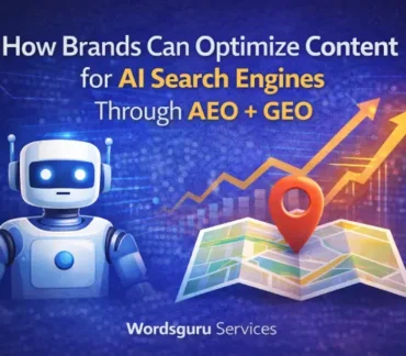 Illustration showing AI search optimization with a robot, location pin on a map, and rising graph, representing how brands optimize content for AI search engines through AEO and GEO, branded by Wordsguru Services.
