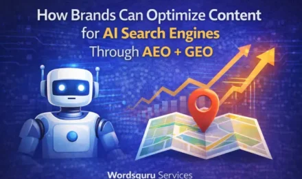 Illustration showing AI search optimization with a robot, location pin on a map, and rising graph, representing how brands optimize content for AI search engines through AEO and GEO, branded by Wordsguru Services.