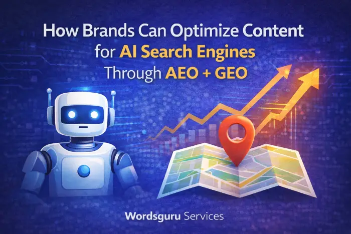 Illustration showing AI search optimization with a robot, location pin on a map, and rising graph, representing how brands optimize content for AI search engines through AEO and GEO, branded by Wordsguru Services.