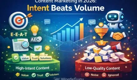 Content marketing in 2026 showing why intent-based content outperforms volume, highlighting high-intent content, AI-driven SEO, AEO, and trust-focused digital marketing strategies.
