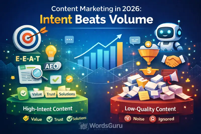 Content marketing in 2026 showing why intent-based content outperforms volume, highlighting high-intent content, AI-driven SEO, AEO, and trust-focused digital marketing strategies.