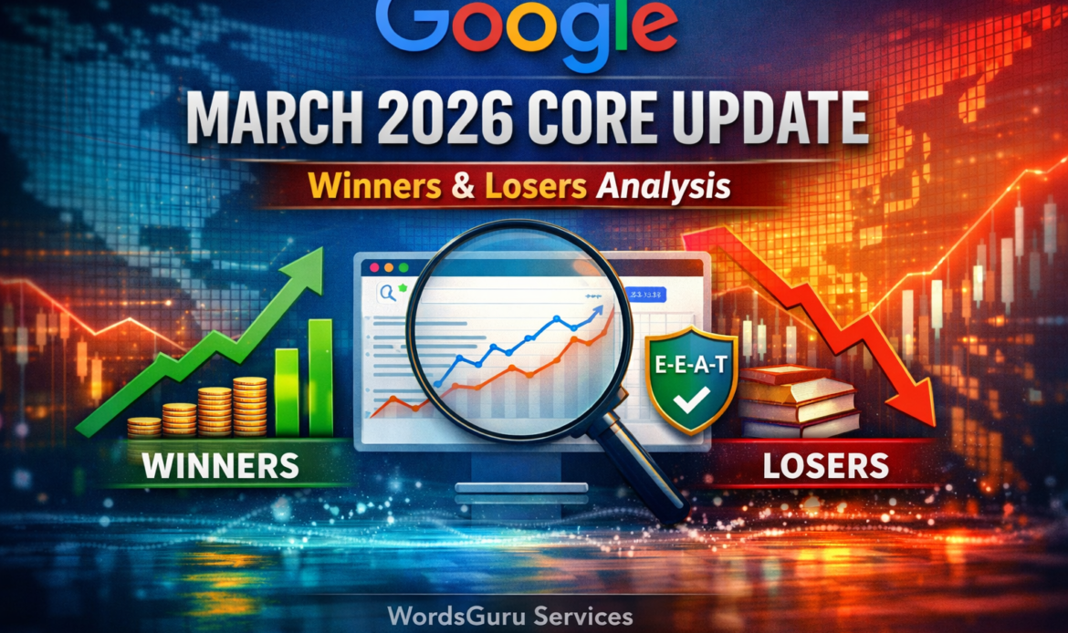 Google March 2026 Core Update featured image showing winners vs losers analysis with ranking graphs, E-E-A-T shield, search dashboard, and WordsGuru Services watermark.