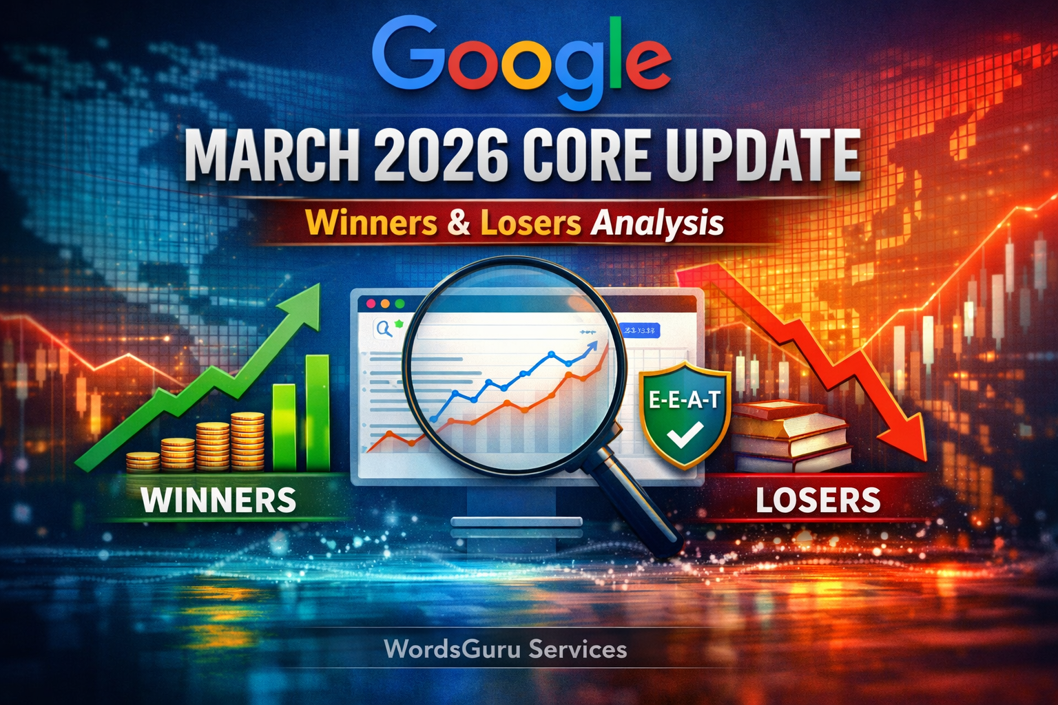 Google March 2026 Core Update featured image showing winners vs losers analysis with ranking graphs, E-E-A-T shield, search dashboard, and WordsGuru Services watermark.