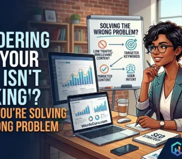 Featured image showing a confused blogger looking at declining SEO rankings, with a magnifying glass highlighting “wrong problem,” illustrating why blogs fail to rank on search engines – WordsGuru Services.