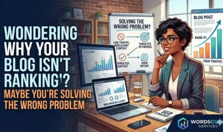 Featured image showing a confused blogger looking at declining SEO rankings, with a magnifying glass highlighting “wrong problem,” illustrating why blogs fail to rank on search engines – WordsGuru Services.