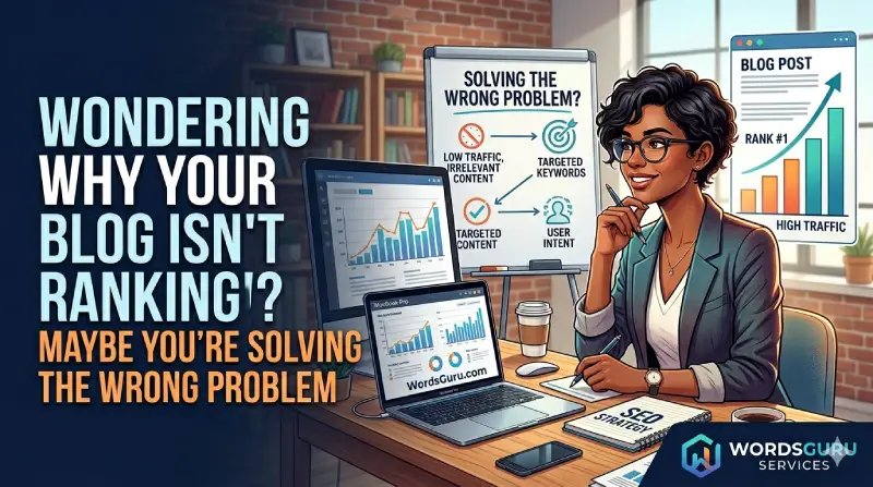 Featured image showing a confused blogger looking at declining SEO rankings, with a magnifying glass highlighting “wrong problem,” illustrating why blogs fail to rank on search engines – WordsGuru Services.