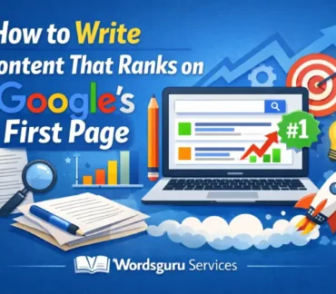 Illustration showing SEO content writing with laptop displaying search rankings, charts, checklist, and target, representing how to write content that ranks on Google’s first page, with Wordsguru Services branding.