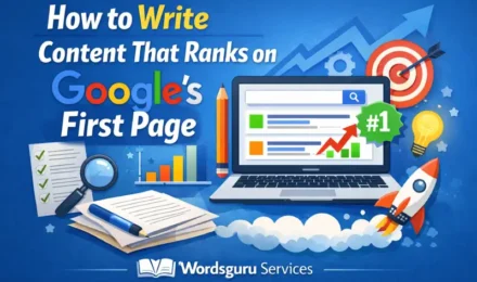 Illustration showing SEO content writing with laptop displaying search rankings, charts, checklist, and target, representing how to write content that ranks on Google’s first page, with Wordsguru Services branding.
