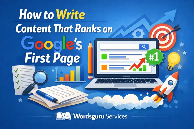 Illustration showing SEO content writing with laptop displaying search rankings, charts, checklist, and target, representing how to write content that ranks on Google’s first page, with Wordsguru Services branding.