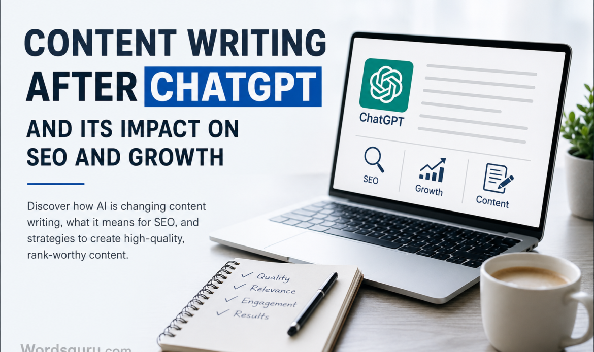 Simple featured image representing AI content writing, SEO optimization, and the future of content marketing after ChatGPT.