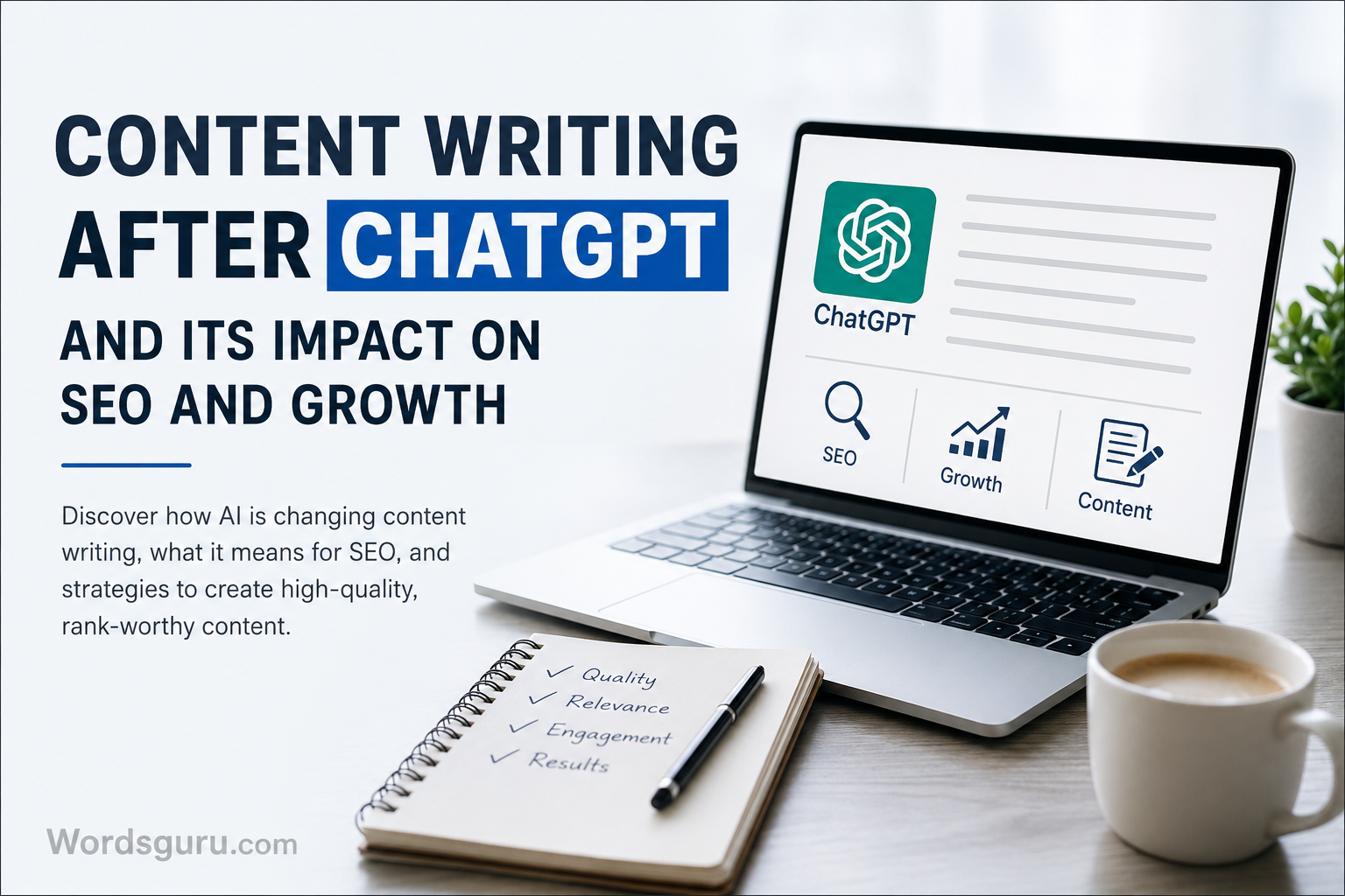 Simple featured image representing AI content writing, SEO optimization, and the future of content marketing after ChatGPT.