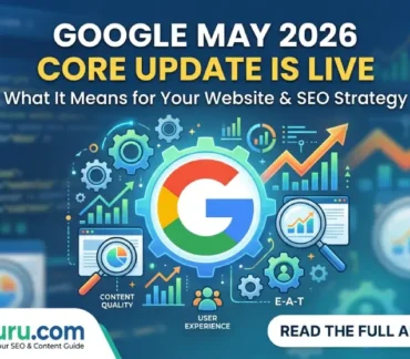 A featured image for Wordsguru.com announcing the Google May 2026 Core Update, showing the Google logo inside gears with analytics charts, magnifying glasses, and data icons to represent SEO analysis and website strategy adjustments.