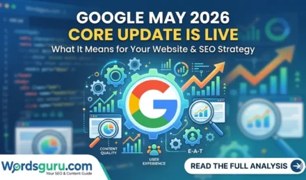 A featured image for Wordsguru.com announcing the Google May 2026 Core Update, showing the Google logo inside gears with analytics charts, magnifying glasses, and data icons to represent SEO analysis and website strategy adjustments.