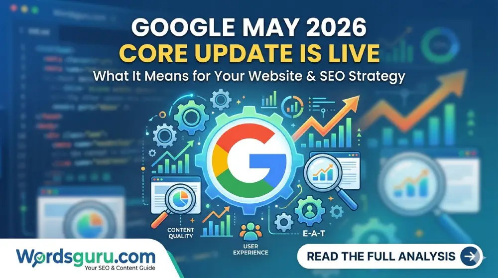 A featured image for Wordsguru.com announcing the Google May 2026 Core Update, showing the Google logo inside gears with analytics charts, magnifying glasses, and data icons to represent SEO analysis and website strategy adjustments.