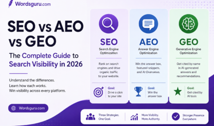 SEO vs AEO vs GEO comparison infographic showing the differences between Search Engine Optimization, Answer Engine Optimization, and Generative Engine Optimization for improving search visibility across Google, AI Overviews, ChatGPT, Gemini, and Claude in 2026. Wordsguru.com branding displayed.