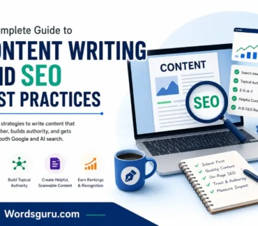 Content Writing and SEO Best Practices guide with SEO analytics, content strategy, AI search optimization, and Wordsguru.com branding.