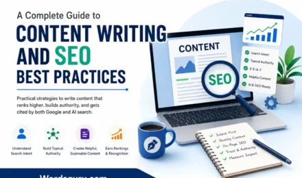 Content Writing and SEO Best Practices guide with SEO analytics, content strategy, AI search optimization, and Wordsguru.com branding.