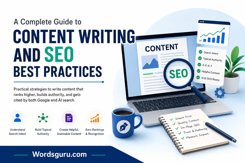 Content Writing and SEO Best Practices guide with SEO analytics, content strategy, AI search optimization, and Wordsguru.com branding.
