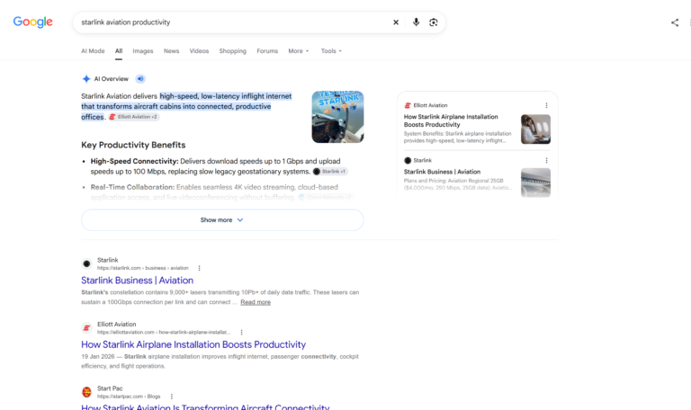 Google AI Overview citing Elliott Aviation for Starlink aviation productivity alongside Starlink's official website.