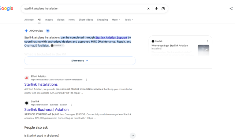 Google search results showing Elliott Aviation's Starlink Installations page ranking first for Starlink airplane installation.