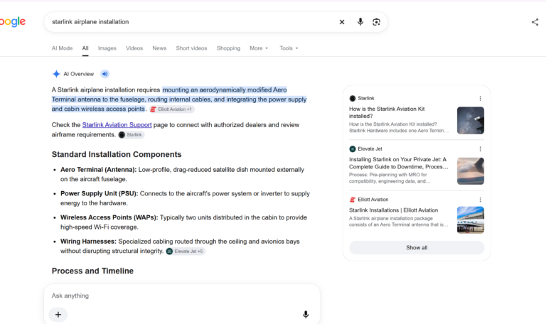 Google AI Overview citing Elliott Aviation's Starlink installation information alongside Starlink's official website.