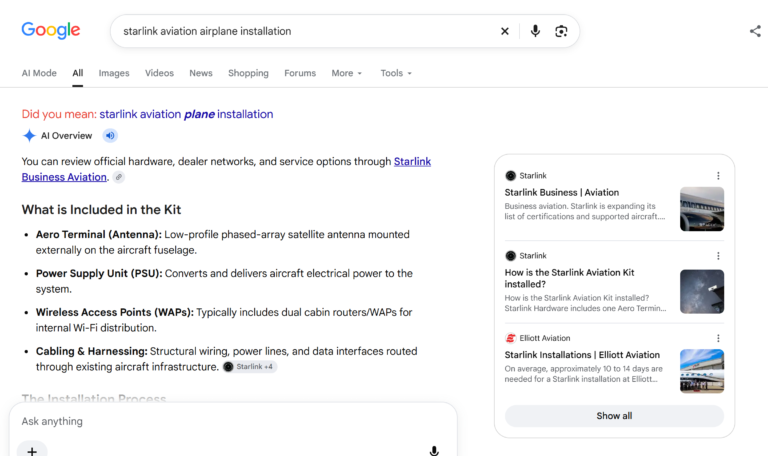 Google AI Overview referencing Elliott Aviation for Starlink aviation airplane installation, alongside Starlink sources.