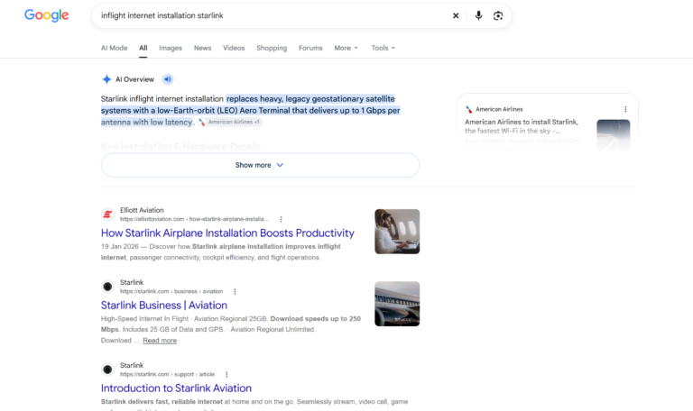 Google search results showing Elliott Aviation's article ranking first for inflight internet installation Starlink.