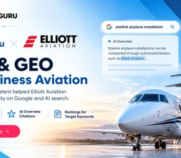 WordsGuru and Elliott Aviation SEO and GEO case study showing improved Google search visibility and AI Overview citations for business aviation.